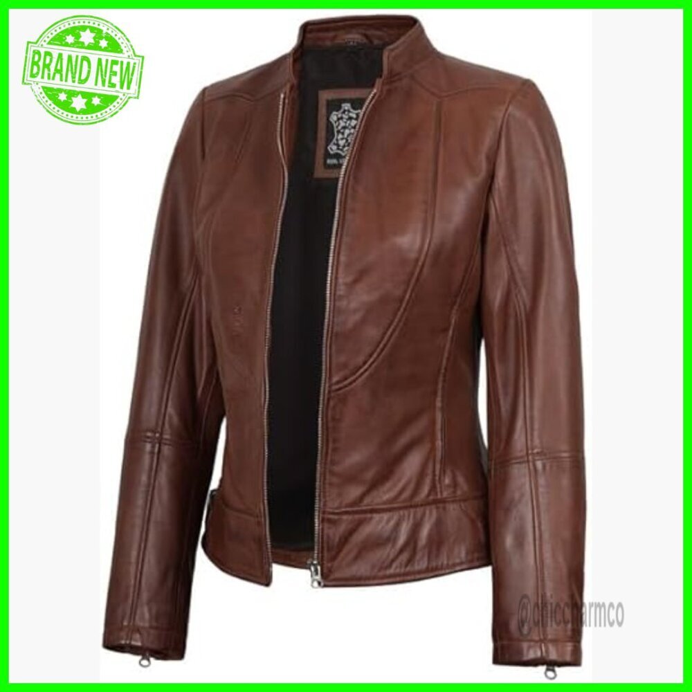 Real Lambskin Leather Jacket Cafe Racer Style Women's Outerwear